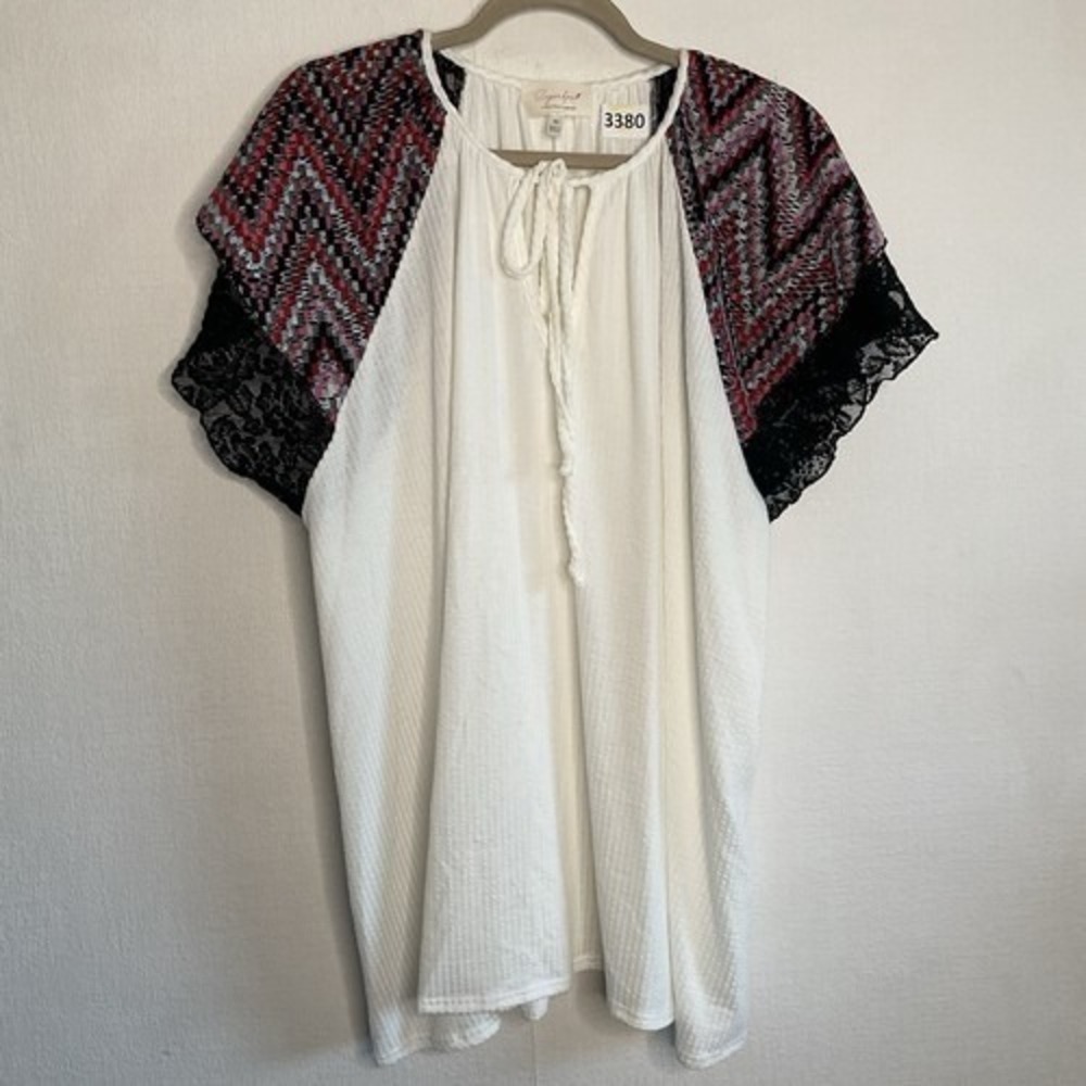 NWOT Sugarfox Ivory/Brown Vibrant Sleeves‎ Lace Babydoll Tunic Women 3X Mexico